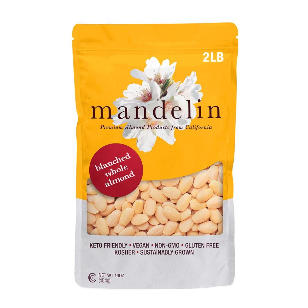 Mandelin Blanched Whole Almonds, 100% Almonds (2 lb), Non-GMO, Gluten Free, Vegan, Keto, Plant Based Diet Friendly, Kosher for Passover, Every Batch Tested for Quality