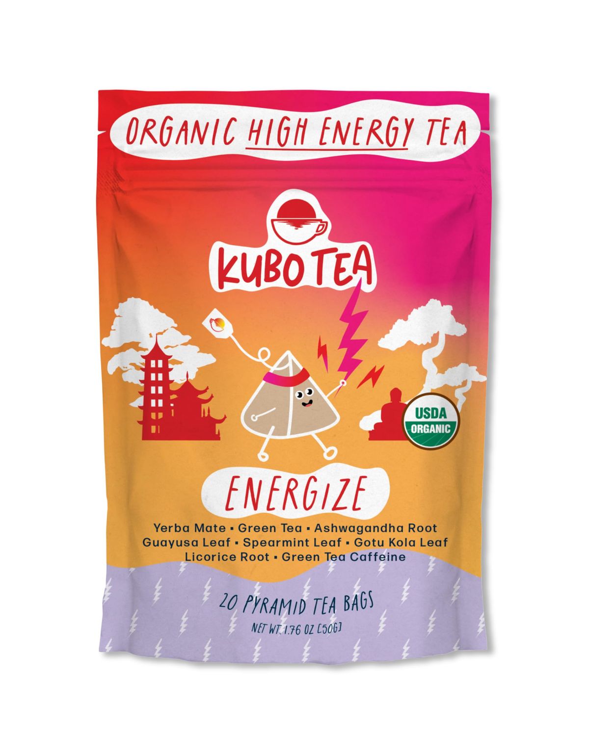 Kubo Tea, Energize Yerba Mate Green Tea, Organic High Caffeine Blend, 20 Servings (140mg Caffeine each), Pyramid Tea Bags, Compostable &amp; Biodegradable Packaging, Healthy Coffee Substitute