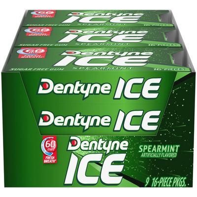 Dentyne Ice Spearmint Sugar Free Gum, 9 Packs of 16 Pieces (144 Total Pieces)