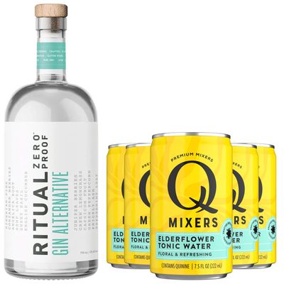 Ritual Zero Non-Alcoholic Gin Alternative with 5 Pack of Q Mixers Elderflower Tonic for your fa-vorite Alcohol-Free Mixed Drink