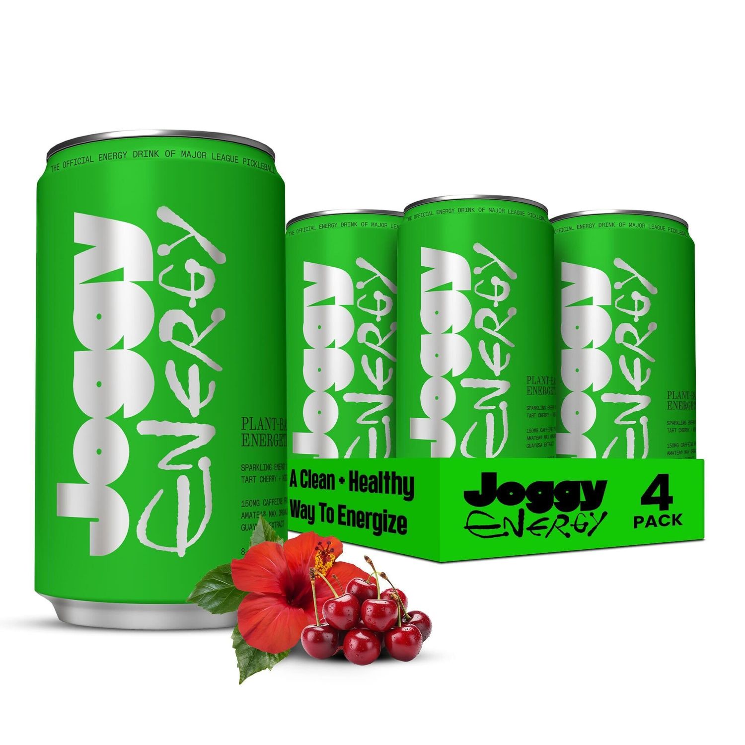 Joggy Clean Energy Drink - 4-Pack Tart Cherry &amp; Hibiscus - 150mg Organic Guayusa Caffeine - Zero Added Sugar, Vegan, Plant-Based, Natural Healthy Boost, Premium Beverage