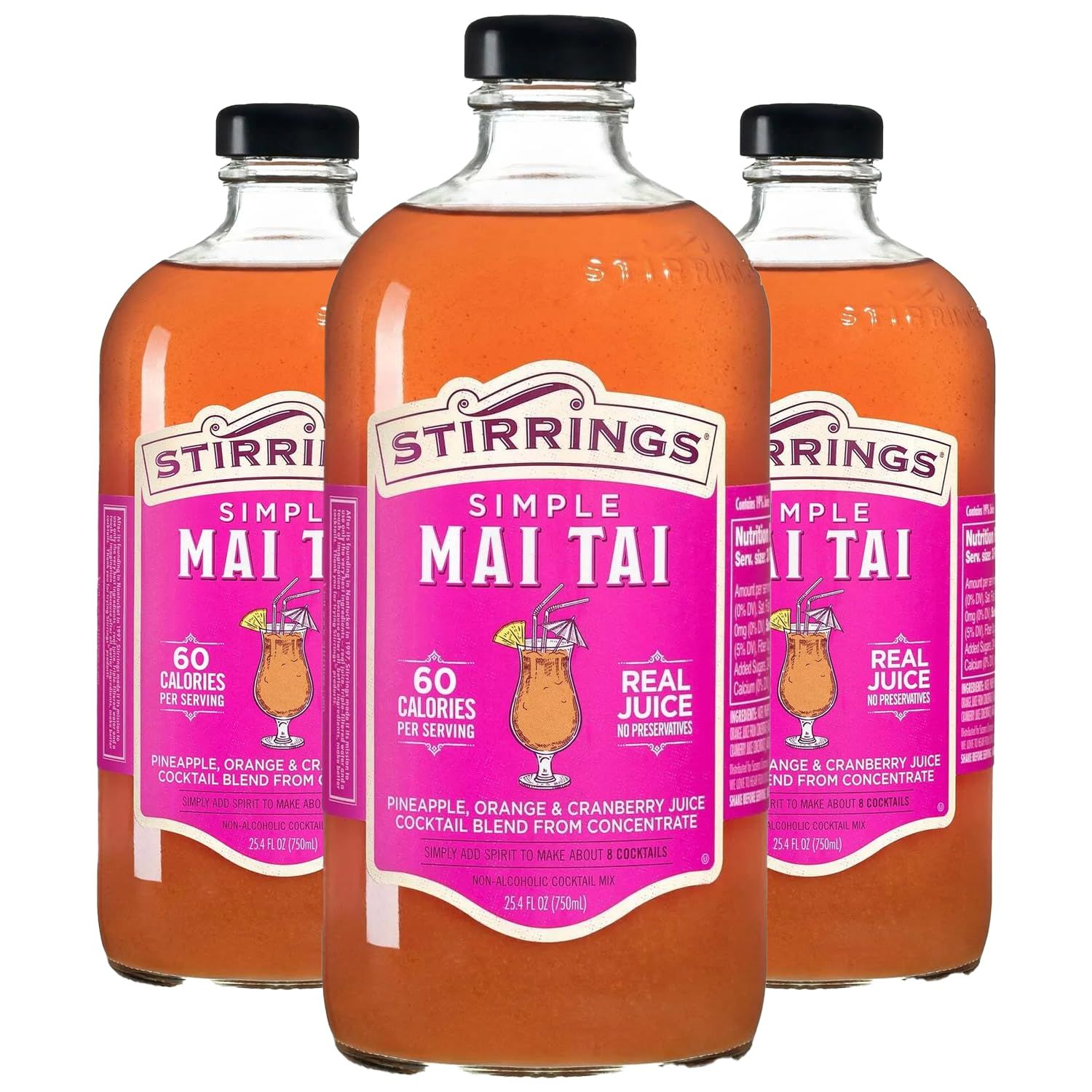 Stirrings 3 Pack Mai Tai Cocktail Mix 750ml Bottles - Real Juice No Preservatives - 90 Calories - Drink Mixer