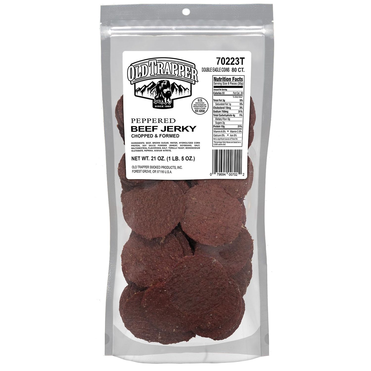 Old Trapper Double Eagle Beef Jerky, Peppered Flavor, 21oz. 80-Count Package, Natural Wood Smoked Meat Snacks, 10 Grams of Protein and 80 Calories per Serving (Pack of One)