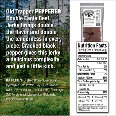 Old Trapper Double Eagle Beef Jerky, Peppered Flavor, 21oz. 80-Count Package, Natural Wood Smoked Meat Snacks, 10 Grams of Protein and 80 Calories per Serving (Pack of One)