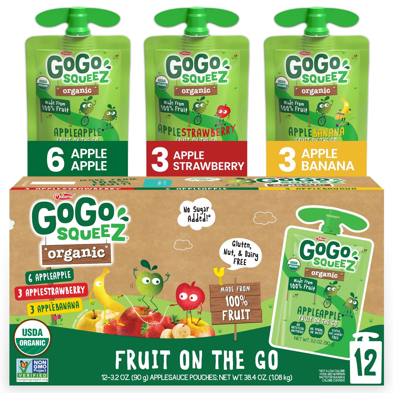 GoGo squeeZ Organic Fruit on the Go Variety Pack, Apple/Banana/Strawberry, 3.2 oz. (12 Pouches) - Made from Organic Apples, Bananas &amp; Strawberries - Gluten Free Snacks - Nut &amp; Dairy Free - Vegan Snack