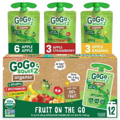 GoGo squeeZ Organic Fruit on the Go Variety Pack, Apple/Banana/Strawberry, 3.2 oz. (12 Pouches) - Made from Organic Apples, Bananas &amp; Strawberries - Gluten Free Snacks - Nut &amp; Dairy Free - Vegan Snack