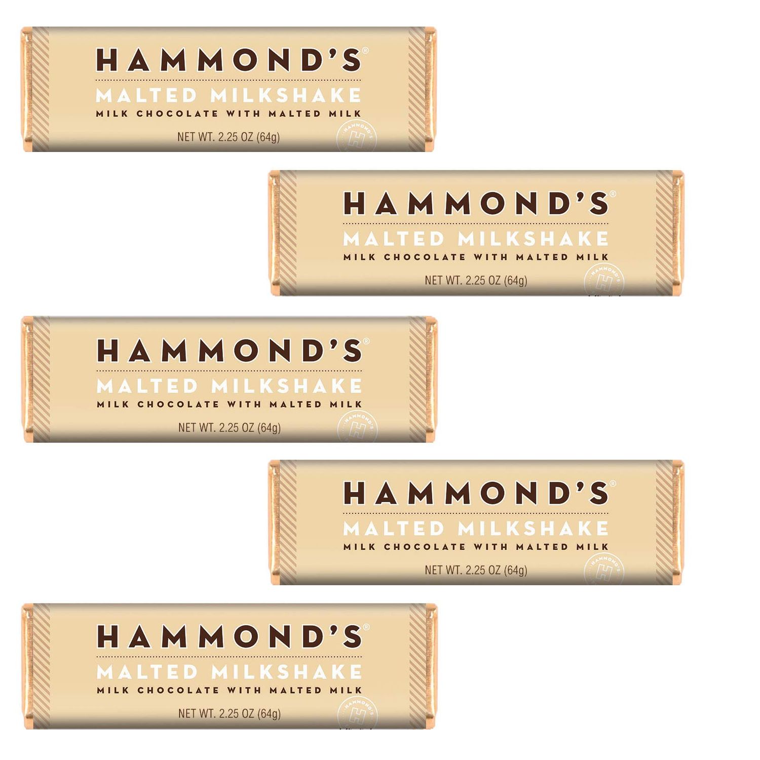Hammond&#39;s Candies Gourmet Chocolate Candy Bars - Malted Milkshake | Sweet Milk Chocolate with Malted Milk, Certified Kosher, Handcrafted in the USA | Pack of 5