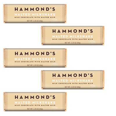 Hammond&#39;s Candies Gourmet Chocolate Candy Bars - Malted Milkshake | Sweet Milk Chocolate with Malted Milk, Certified Kosher, Handcrafted in the USA | Pack of 5