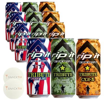 Rip It Energy Drink Variety Pack - 12 Cans of 16 fl oz Each - Assorted Flavors for an Energy Rush - with Snacktix Coaster Included (TRIBUTE)