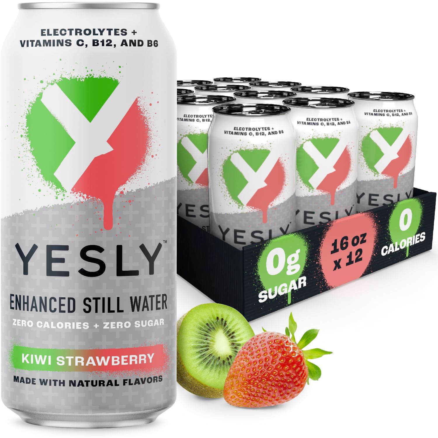 Yesly Hydrating Electrolyte Vitamin Water, 16 Fl Oz - Zero Sugar, Zero Calorie Water with Vitamins C, B12 &amp; B6 and No Artificial Sweeteners - Kiwi Strawberry (Pack of 12)