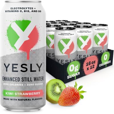 Yesly Hydrating Electrolyte Vitamin Water, 16 Fl Oz - Zero Sugar, Zero Calorie Water with Vitamins C, B12 &amp; B6 and No Artificial Sweeteners - Kiwi Strawberry (Pack of 12)