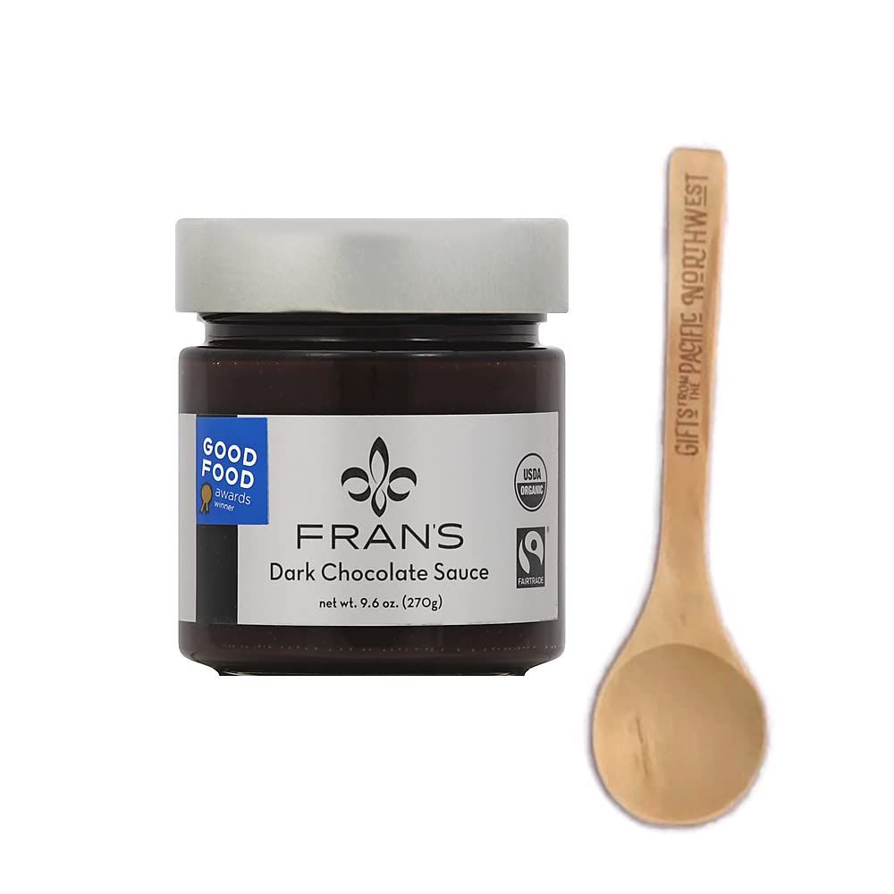 Dark Chocolate Sauce Fran&#39;s 9.6 Oz Jar Bundle with Tasting Spoon I Gourmet Dessert Gift Set by Gifts from the Pacific Northwest