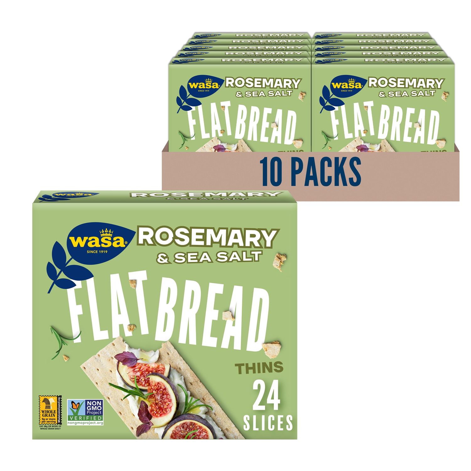 Wasa Rosemary &amp; Sea Salt Flatbread Thins, 6.7 oz (Pack of 10), Crackers, Non-GMO Ingredients