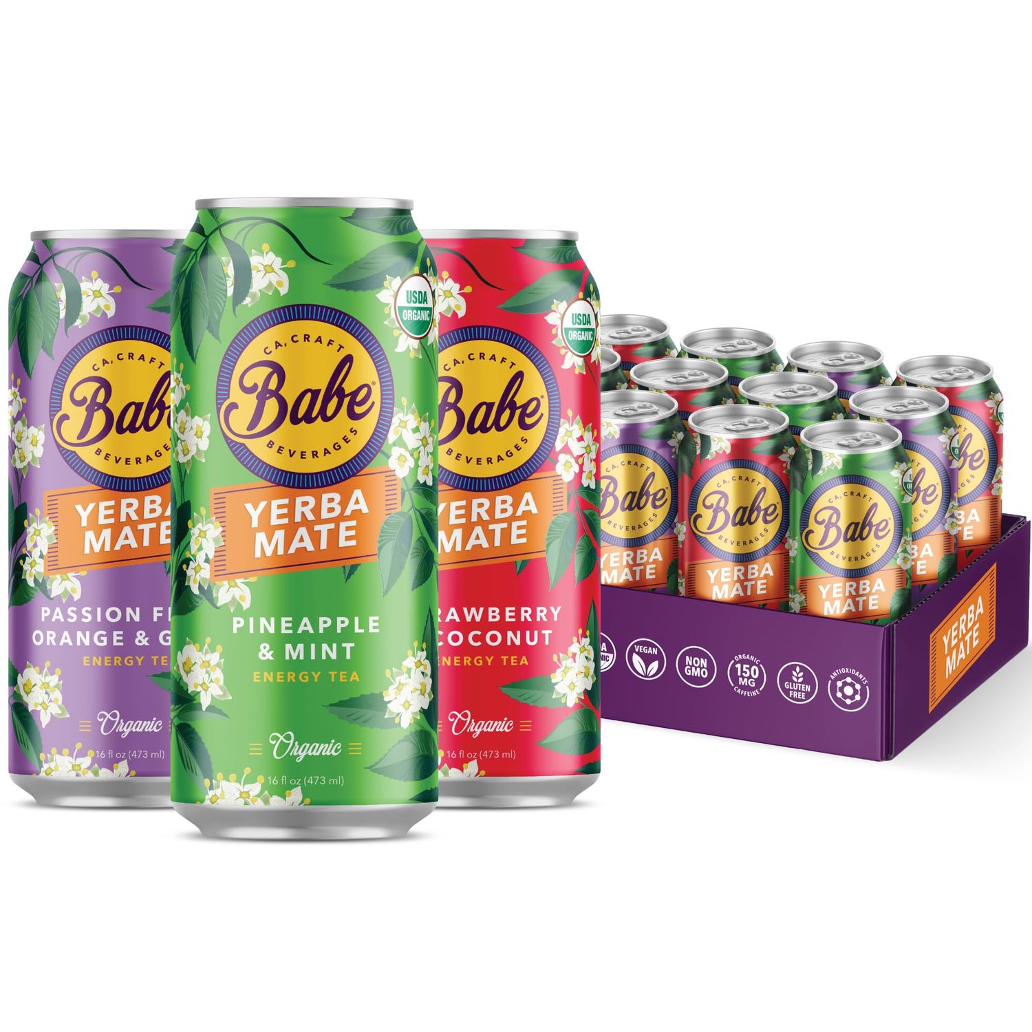 Babe Yerba Mate, Natural Energy Drink Alternative, Organic Variety Pack, 16oz (Pack of 12), 150mg Caffeine