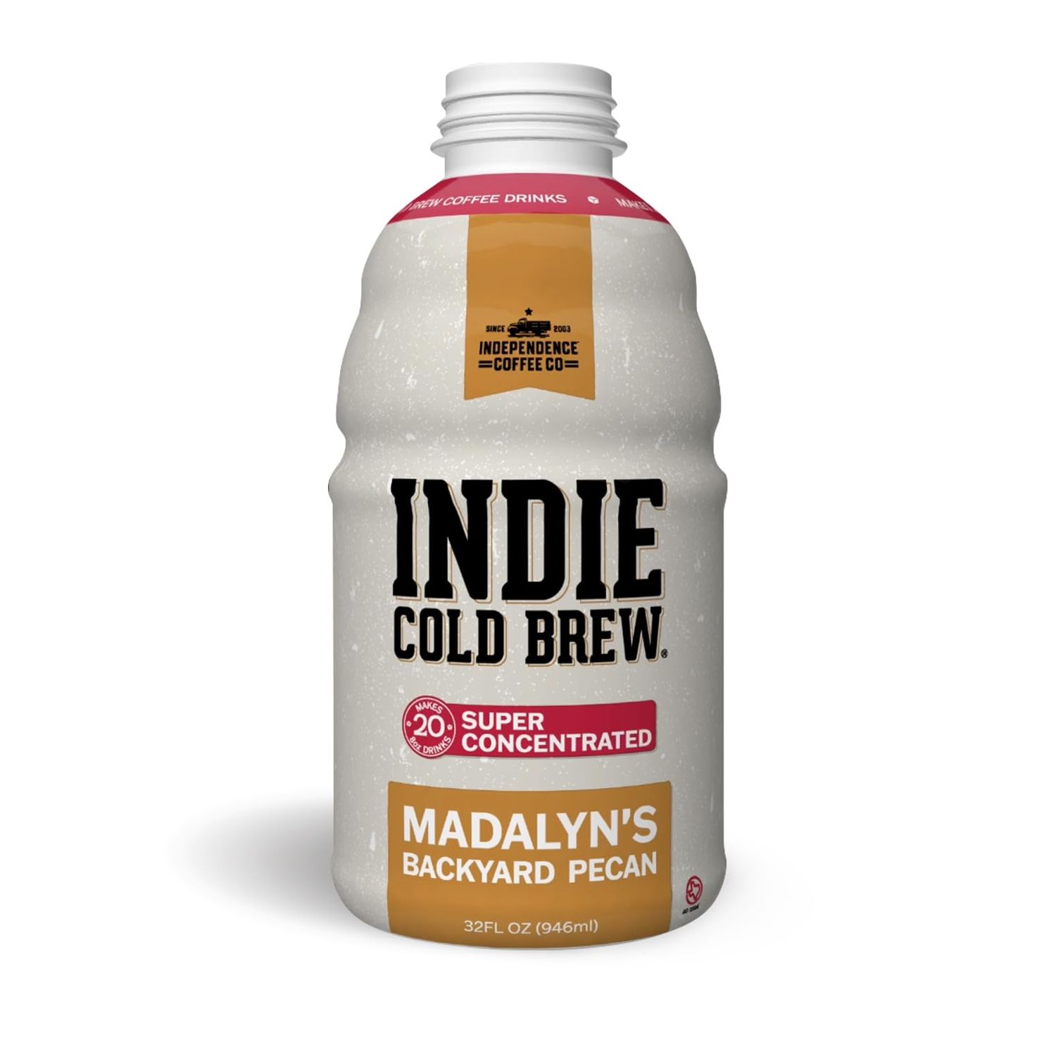 Independence Coffee Co. Indie Cold Brew Coffee Concentrate, Madalyn&#39;s Backyard Pecan Flavored Mellow Body, Light Roast, 32 Fluid Ounce Bottle