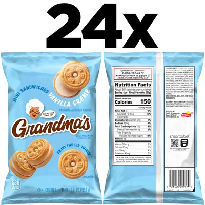 Grandmas Mini Cookies, Vanilla Sandwich Crme Cookies, 3.71 oz Cookie Bag, (24 Pack) (Packaging May Vary)