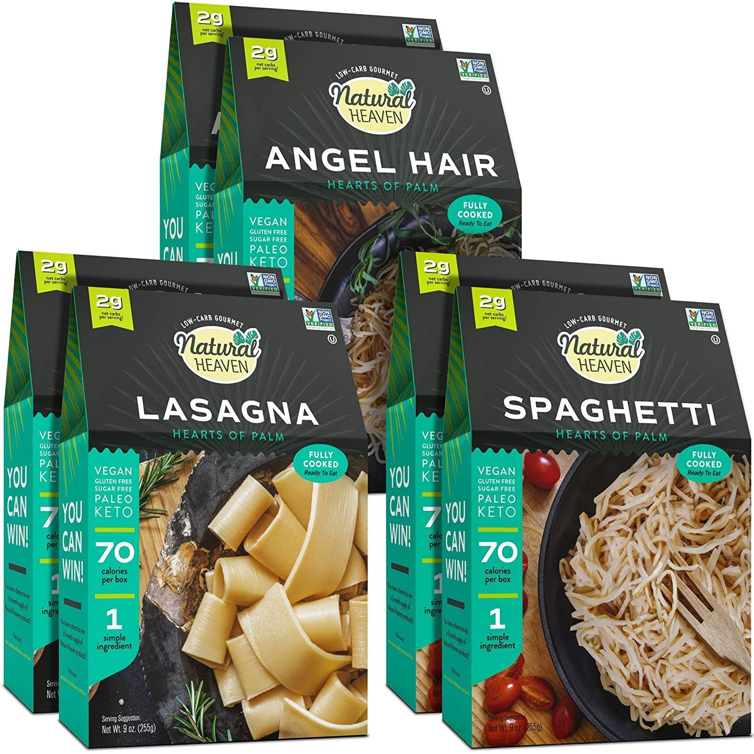 Natural Heaven Hearts of Palm Pasta Variety 6-Pack - Spaghetti, Lasagna, Angel Hair Pasta, Low Carb, Low Calorie, Keto, Food Gifts, 9 Oz Ea