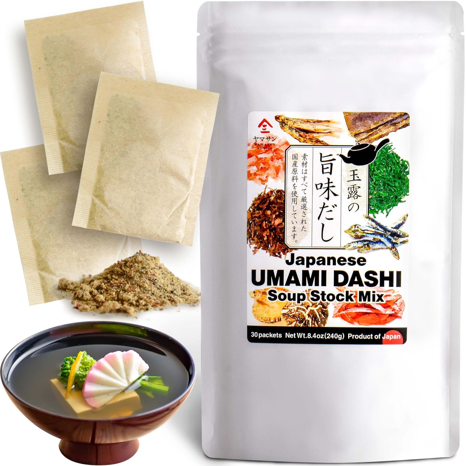 Dashi - Umami Powder Soup Stock - Japanese Food, Bonito Flakes, Kelp, Mushroom, 8g30pacsYAMASAN