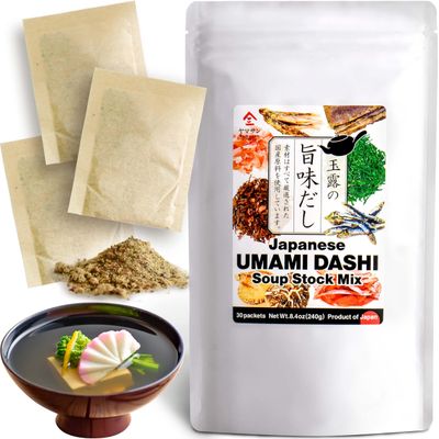 Dashi - Umami Powder Soup Stock - Japanese Food, Bonito Flakes, Kelp, Mushroom, 8g30pacsYAMASAN