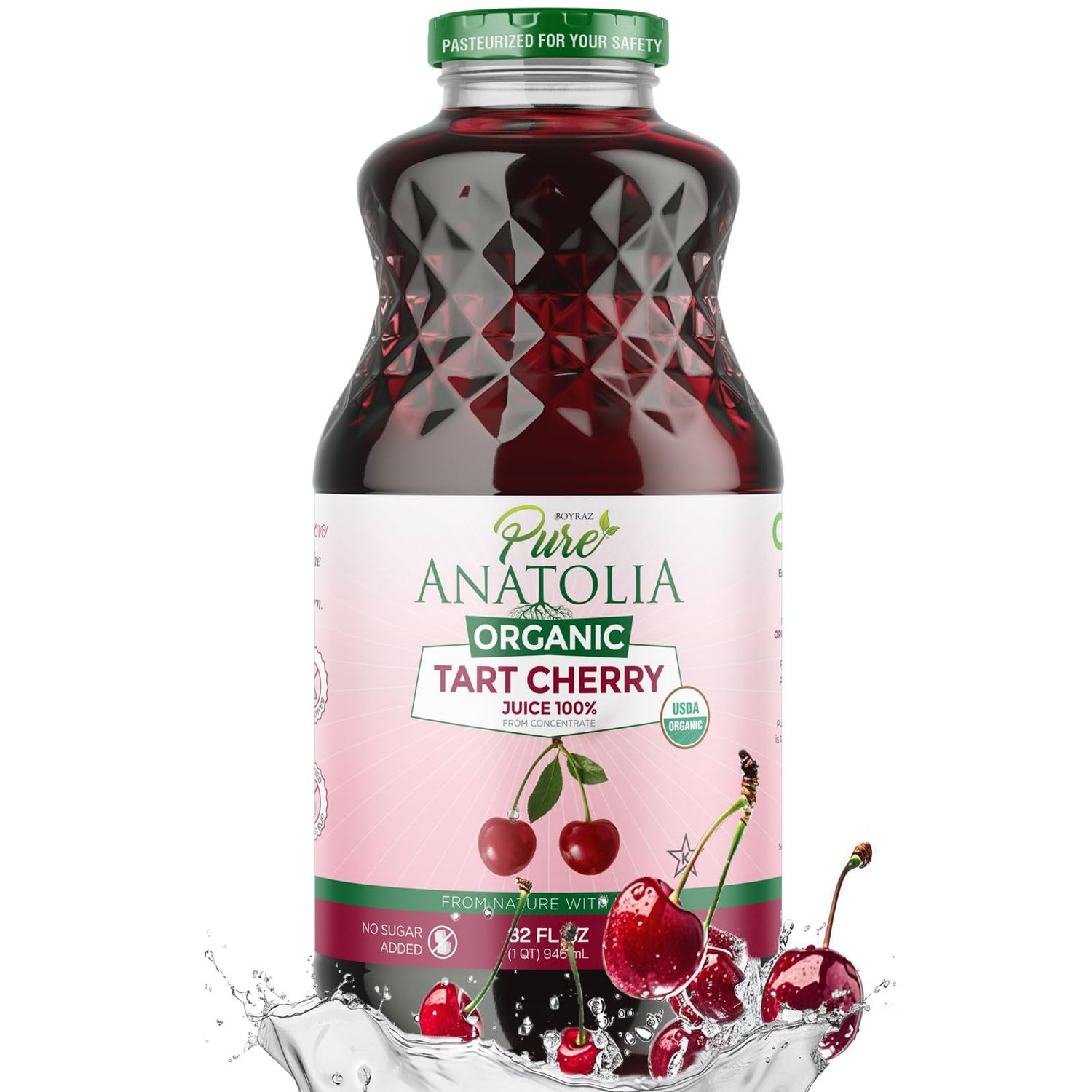 100% Organic Tart Cherry Juice by Pure Anatolia - USDA Organic, Gluten Free, Vegan, No Preservatives, Non GMO- Reusable 1 Glass Bottle of 32 fl oz.