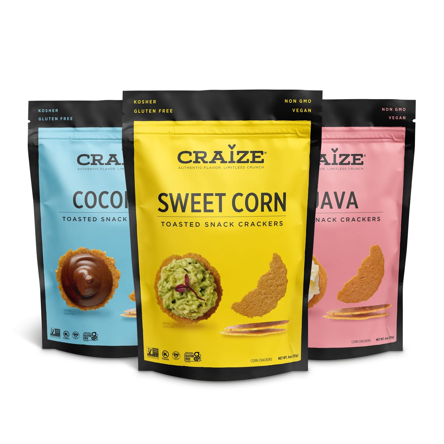 Craize Miami Mix | Sweet Corn, Coconut, Guava Crisps | Gluten Free, Vegan, Kosher, Toasted Corn Crackers | 3 pack, 4 oz each