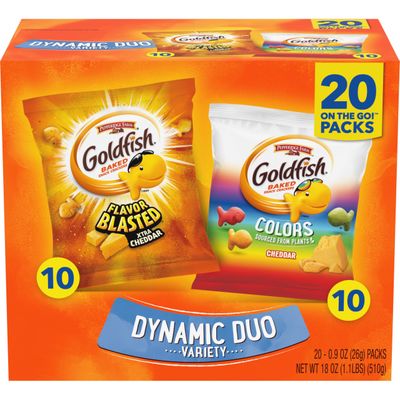 Goldfish Dynamic Duo Variety Pack, Colors Cheddar &amp; Flavor Blasted Xtra Cheddar, Snack Packs, 20 Ct