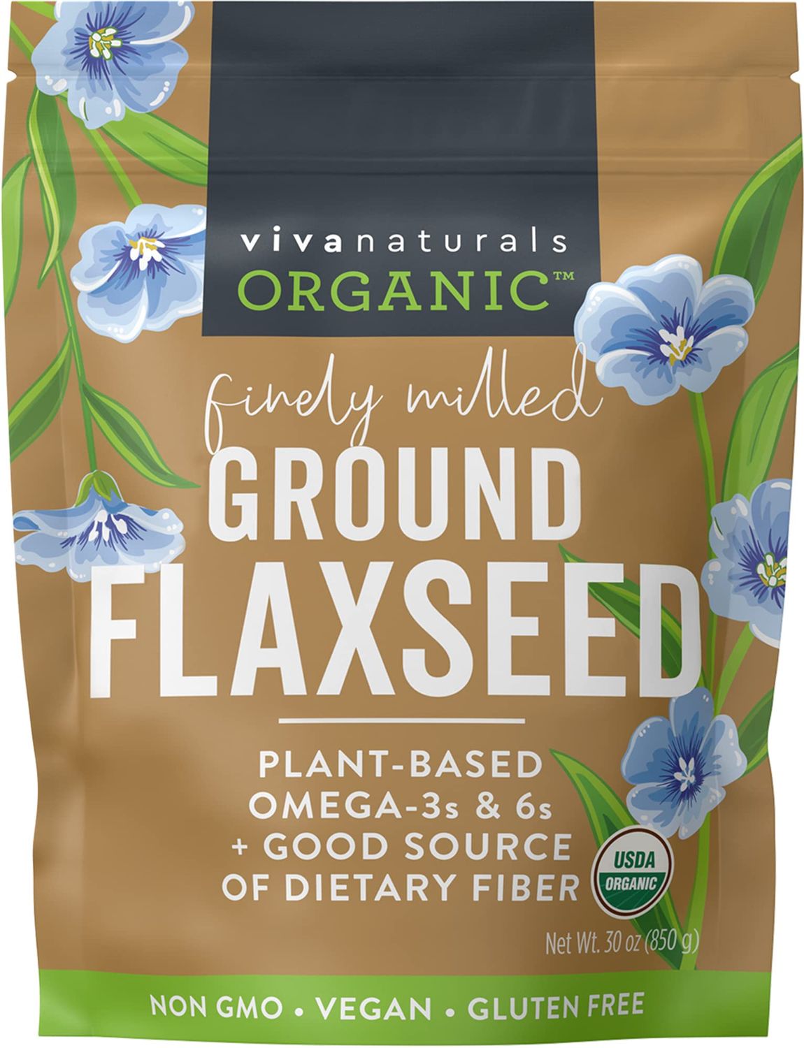 Viva Naturals Organic Ground Flaxseed - Premium Quality Plant-Based Protein and Vegan Omega-3 with Fiber, Perfect for Smoothies, Finely Milled Flax seeds Organic - 30 oz Flax Seed Ground (850 g)