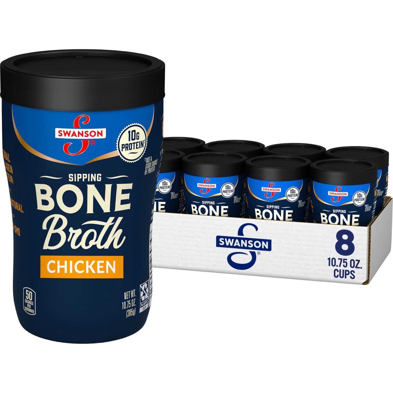 Swanson Sipping Chicken Bone Broth, 10.75 oz Microwavable Cup (8 Pack)