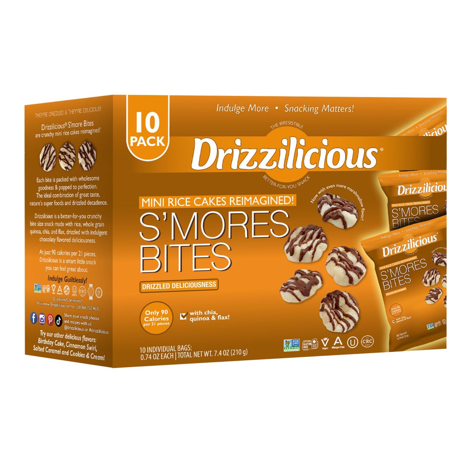 Drizzilicious Mini Rice Cakes S&#39;mores - Rice Crisps, Healthy Snack for Adults and Kids, Flavored Rice Cakes, Vegan, Gluten Free, Allergen Free, Only 90 Calories Per Bag - 0.74 oz (Pack of 10)