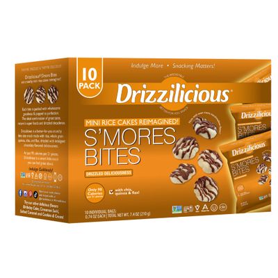 Drizzilicious Mini Rice Cakes S&#39;mores - Rice Crisps, Healthy Snack for Adults and Kids, Flavored Rice Cakes, Vegan, Gluten Free, Allergen Free, Only 90 Calories Per Bag - 0.74 oz (Pack of 10)
