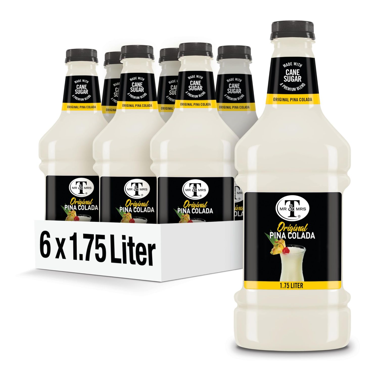 Mr &amp; Mrs T Pina Colada Mix, 1.75 L bottle (Pack of 6), Pineapple and Coconut Blend Flavored Cocktail Mixer, Made with Cane Sugar, Perfect for Traditional Pina Colada and Mocktail Drinks