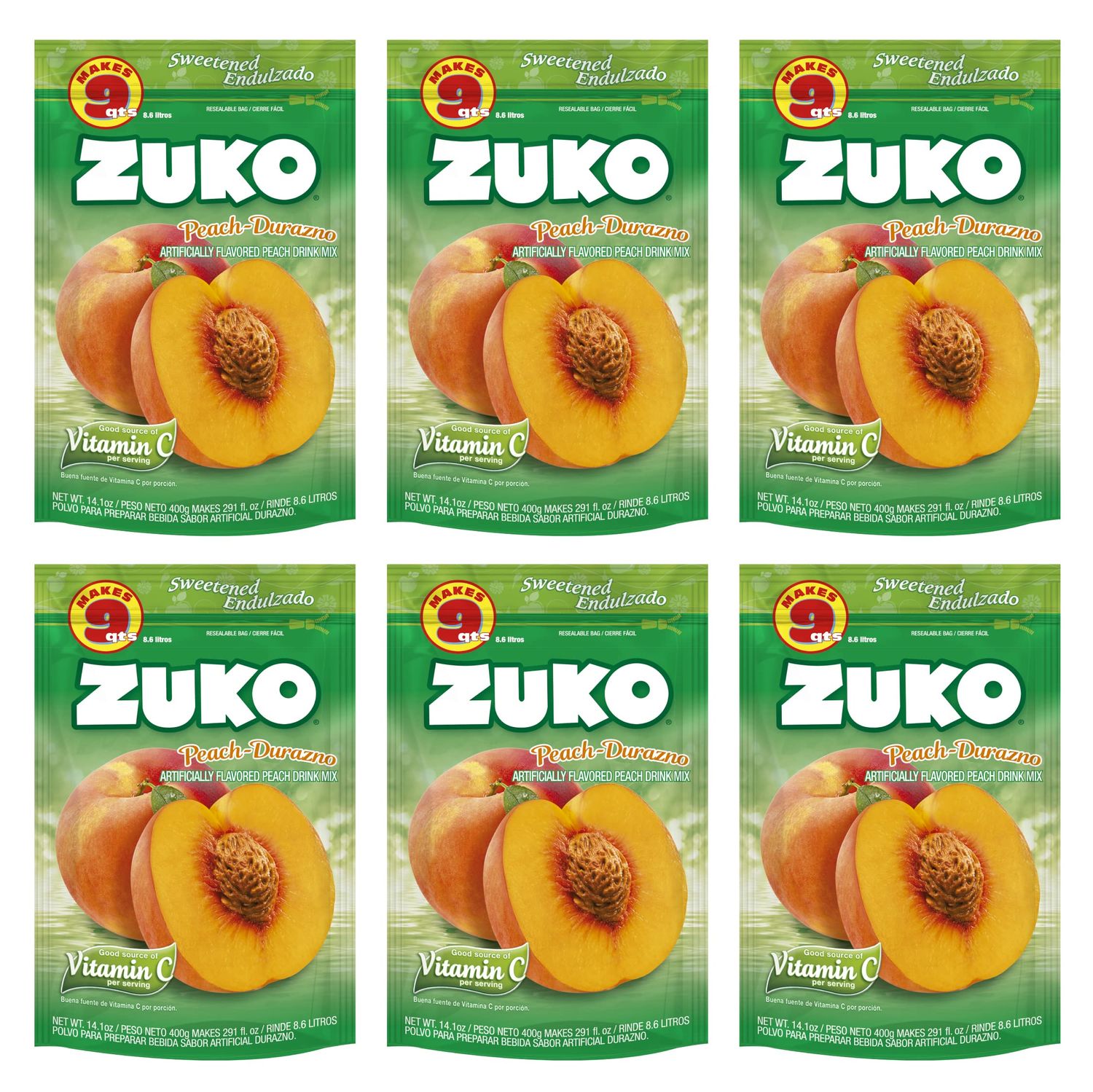 Zuko Peach Instant Powder Drink | Family Pack | No Sugar Needed | Vitamin C | 14.1 Ounce (Pack of 6)