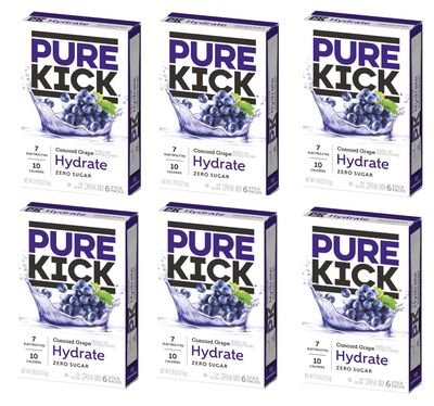 Pure Kick Hydration Singles To Go Drink Mix, Concord Grape, 6 Boxes, 6 Packets Per Box (36 Single Servings)