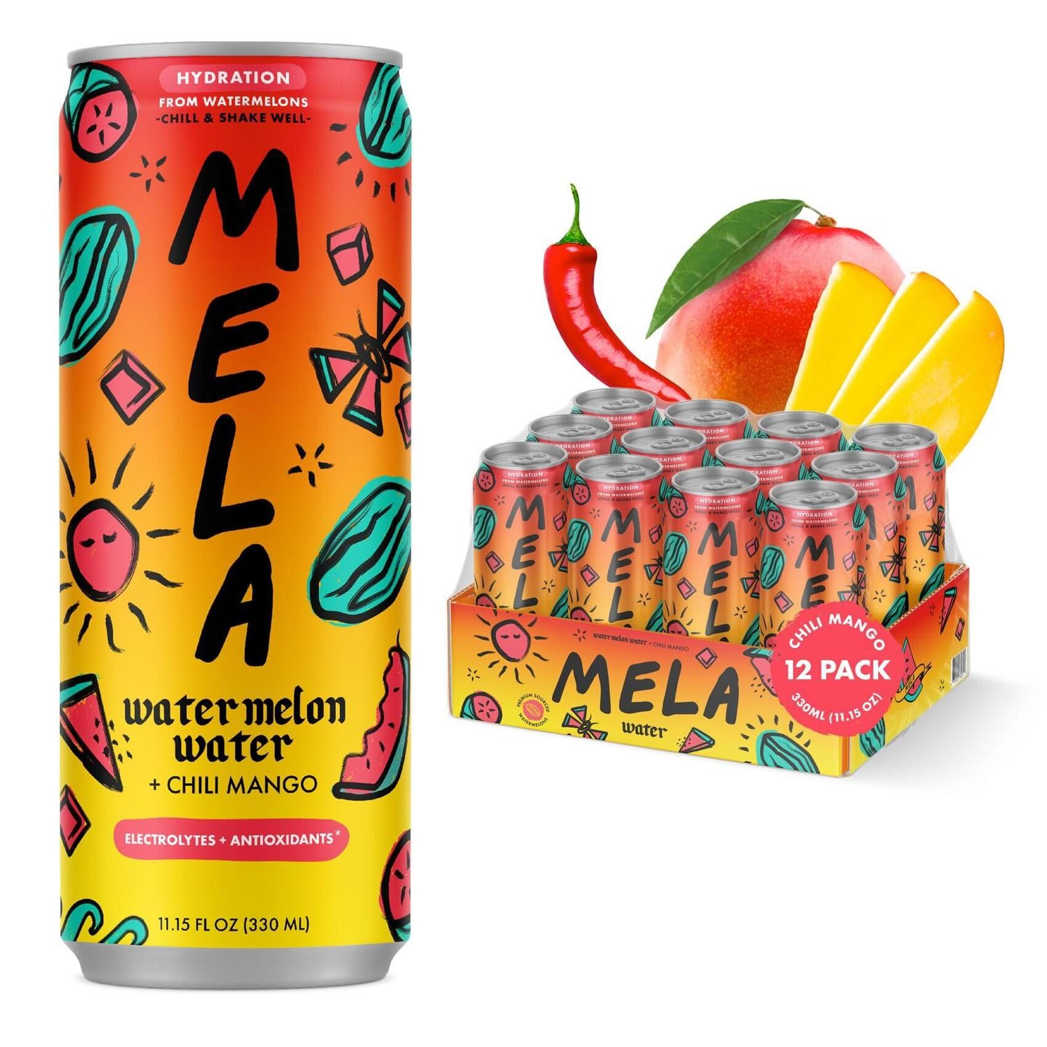 Mela Watermelon Water - Hydrating Watermelon Juice Drink w/Vitamin C, Electrolytes, &amp; Antioxidants - Non-GMO, Gluten-Free, Real Fruit Juice Watermelon Drink (Chili Mango, 11.15 fl oz, 12-Pack)