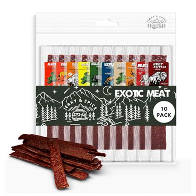 Buffalo Bob&#39;s Exotic Jerky (10-Pack), 10 Flavor Variety Pack of Exotic Snacks, Wild Game Jerky Snack Packs for Fathers, Food Gifts Healthy Beef Sticks, Beef Jerky Gifts for Men, Food Gifts For Men
