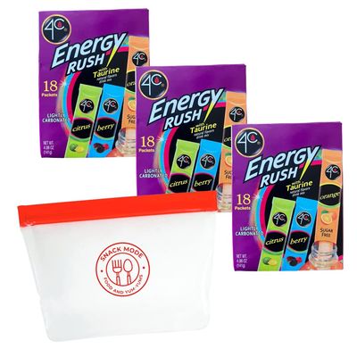 Energy Drink Mix Bundle by Snack Mode. Three- 4.98 Oz Boxes of 4C Energy Rush in Citrus, Berry, &amp; Orange Flavors. Single Serve Drink Mix Packets. Bundle Comes with a Reusable Snack Pouch.