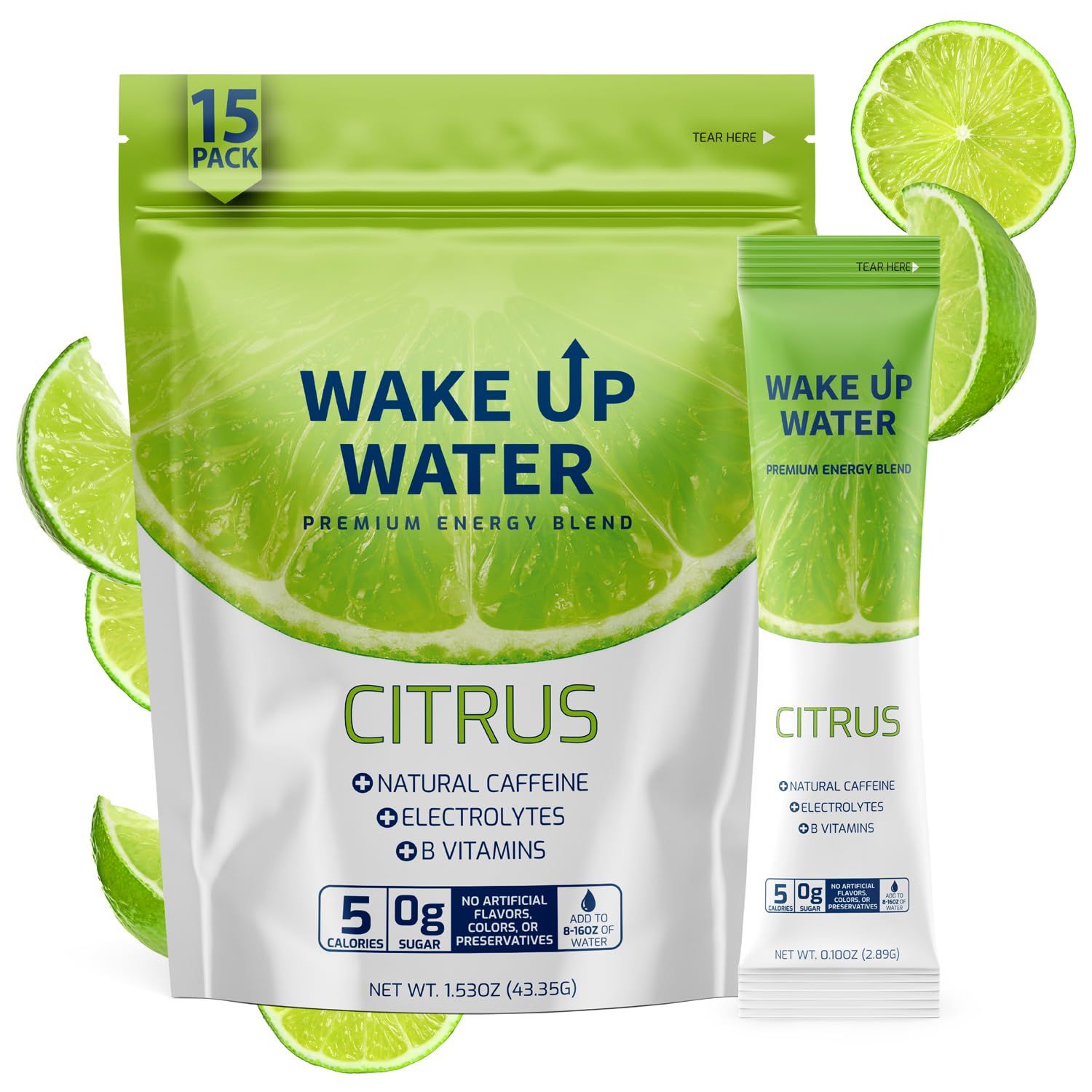 Wake Up Water - Energy + Hydration Sugar Free 15 Packs, Citrus Flavor - Energy Drink Powder, Electrolytes Powder Drink, Natural Caffeine Mix Packet, B Vitamins, 5 Calories, Gluten Free - .10 oz (2.9g)