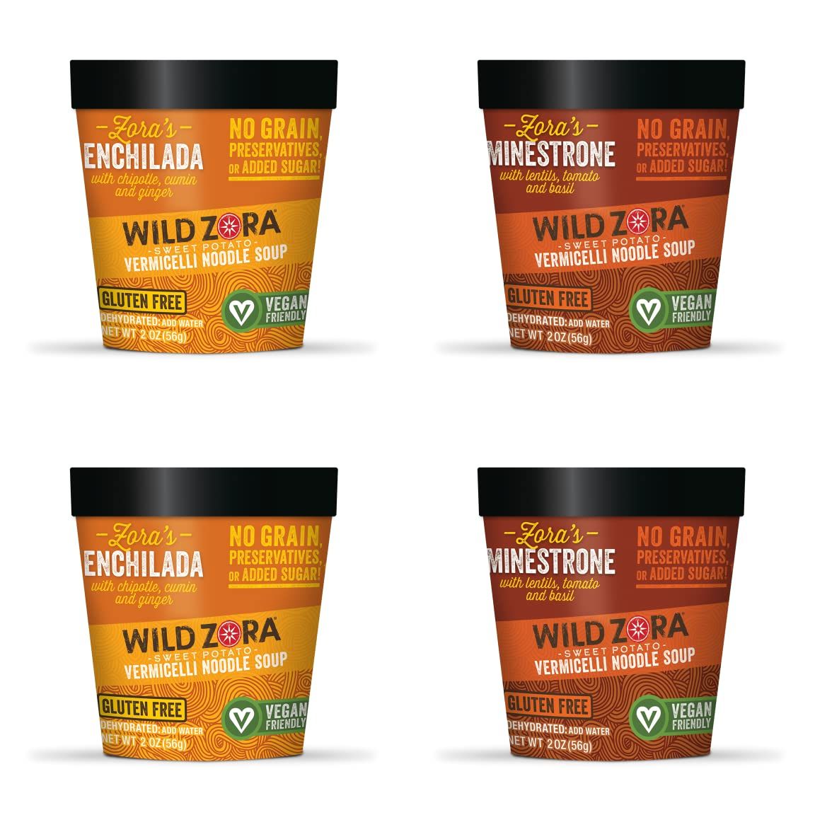 Wild Zora Vermicelli Noodle Soup - Instant Cup of Soup Snack w/Sweet Potato Glass Noodles, Gluten Free Soup Made w/Real and Traditional Soup Ingredients, Grain-Free - Vegan (4-Pack)