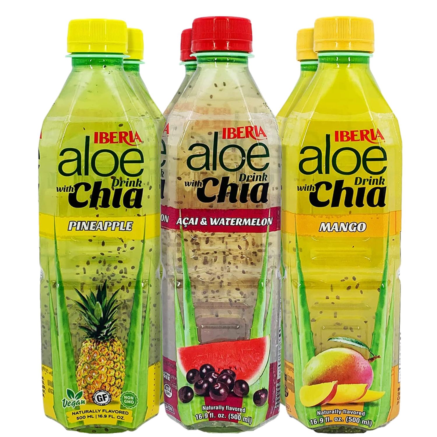 Iberia Aloe Vera Drink with Aloe Pulp and Chia Seeds 16.9 Ounce (Pack of 6) 2 X Watermelon &amp; Acai, 2 x Mango, 2 x Pineapple