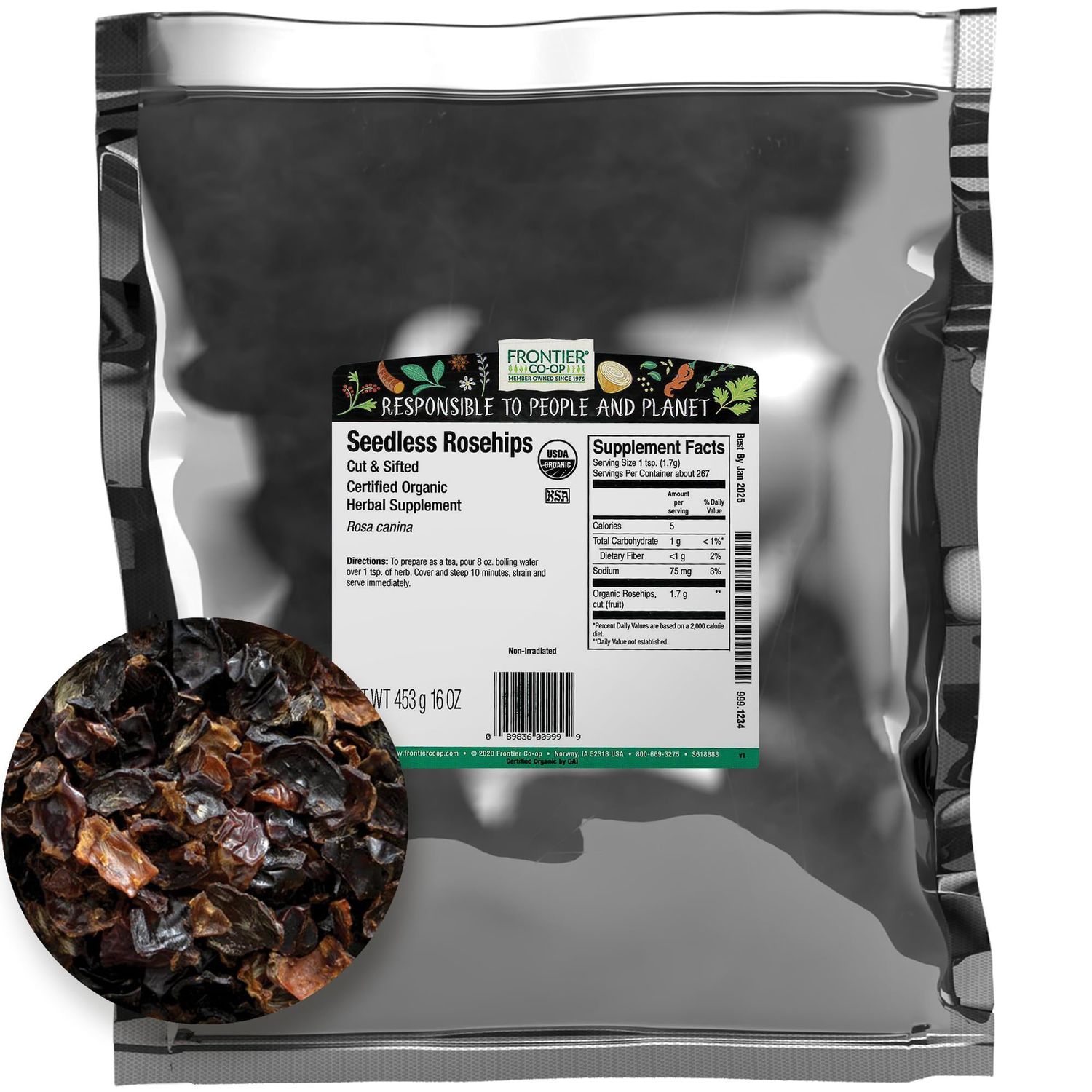 Frontier Co-op Organic Whole Rosehips, 1 lb | Dried Rose Hips for Rosehip Tea Organic, Powder, Rosehip Oil and More | Bulk Wholesale 1 Pound