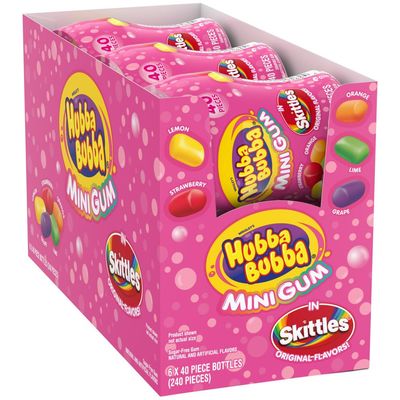 HUBBA BUBBA Minis SKITTLES Flavored Sugarfree Bubble Gum, Bulk Gum Bottle 6 Per Pack (TOTAL 240 PIECES)