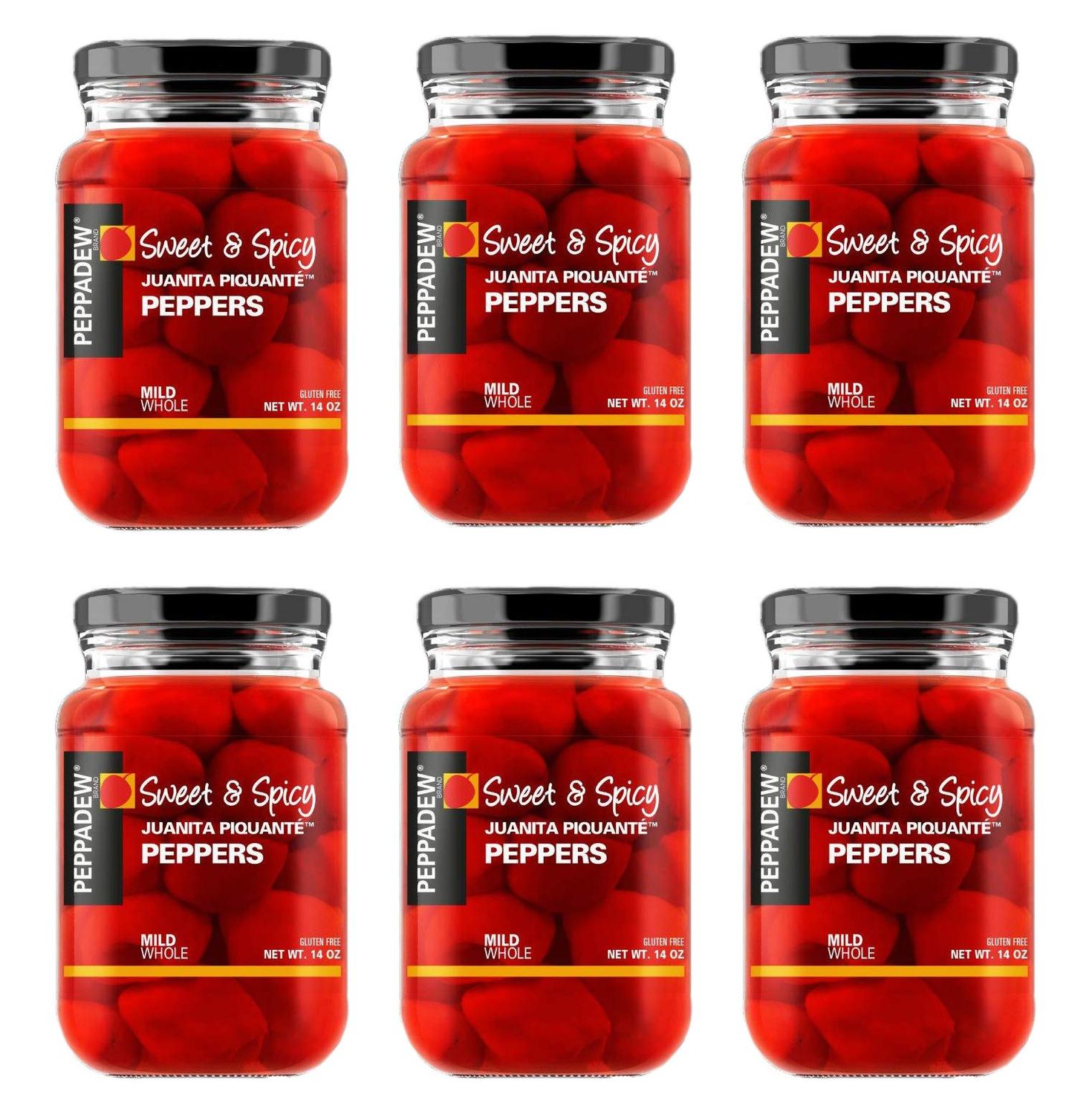 Peppadew Mild Whole Sweet &amp; Spicy Piquante Peppers, 14-Ounce Glass Jars (Pack of 6)
