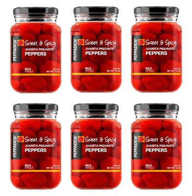 Peppadew Mild Whole Sweet &amp; Spicy Piquante Peppers, 14-Ounce Glass Jars (Pack of 6)