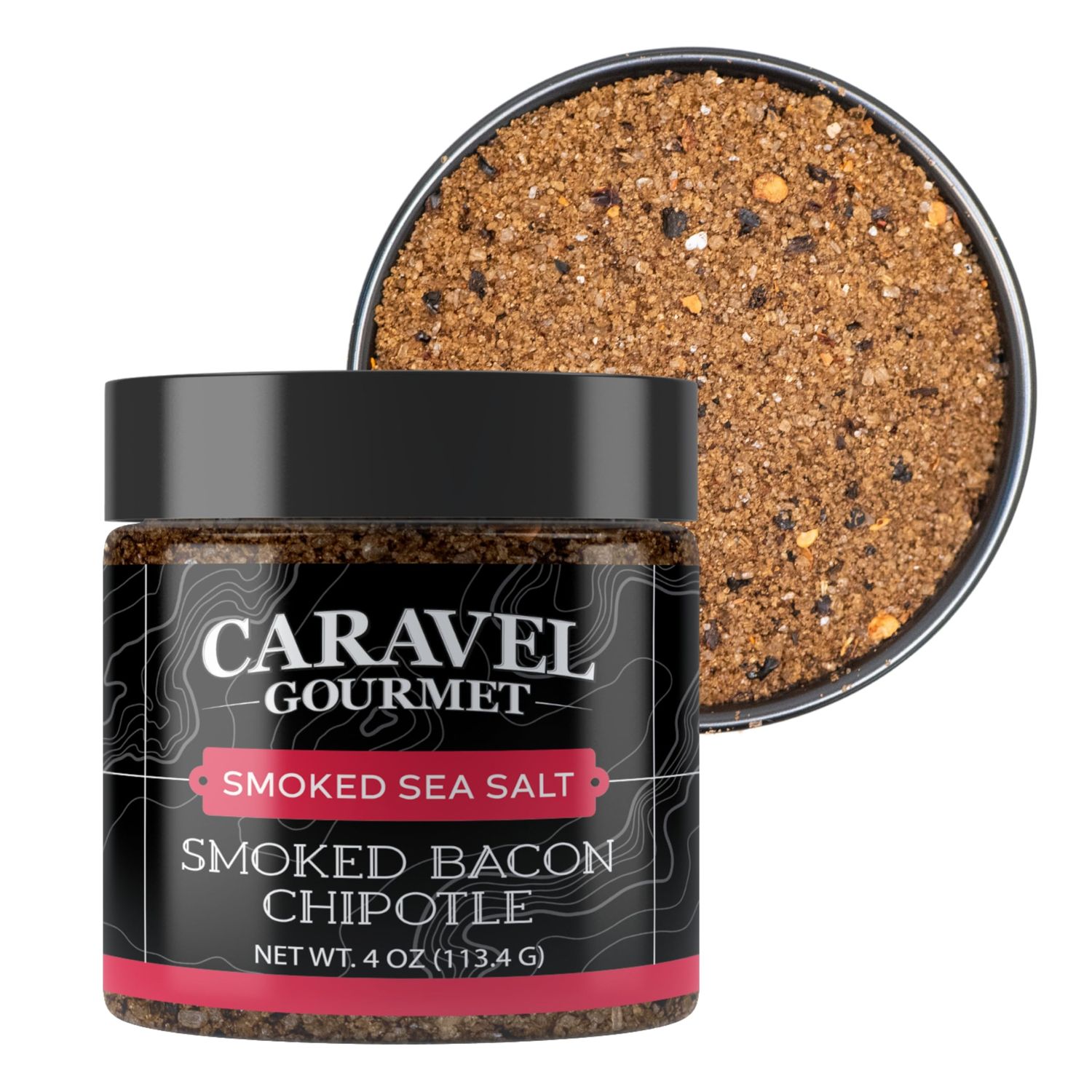 Smoked Bacon Chipotle Fine Sea Salt - All-Natural Bacon Sea Salt Slowly Smoked for Perfect Smoky Flavor - No Gluten, No MSG, Non-GMO - Cooking or Finishing Salt - 4 oz. Stackable Jar
