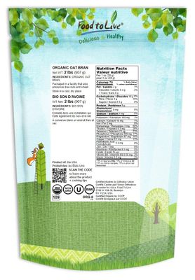 Food to Live Organic Oat Bran, 2 Pounds Non-GMO, Kosher, Vegan, Bulk, High Fiber Hot Cereal, Milled from High Protein Oats