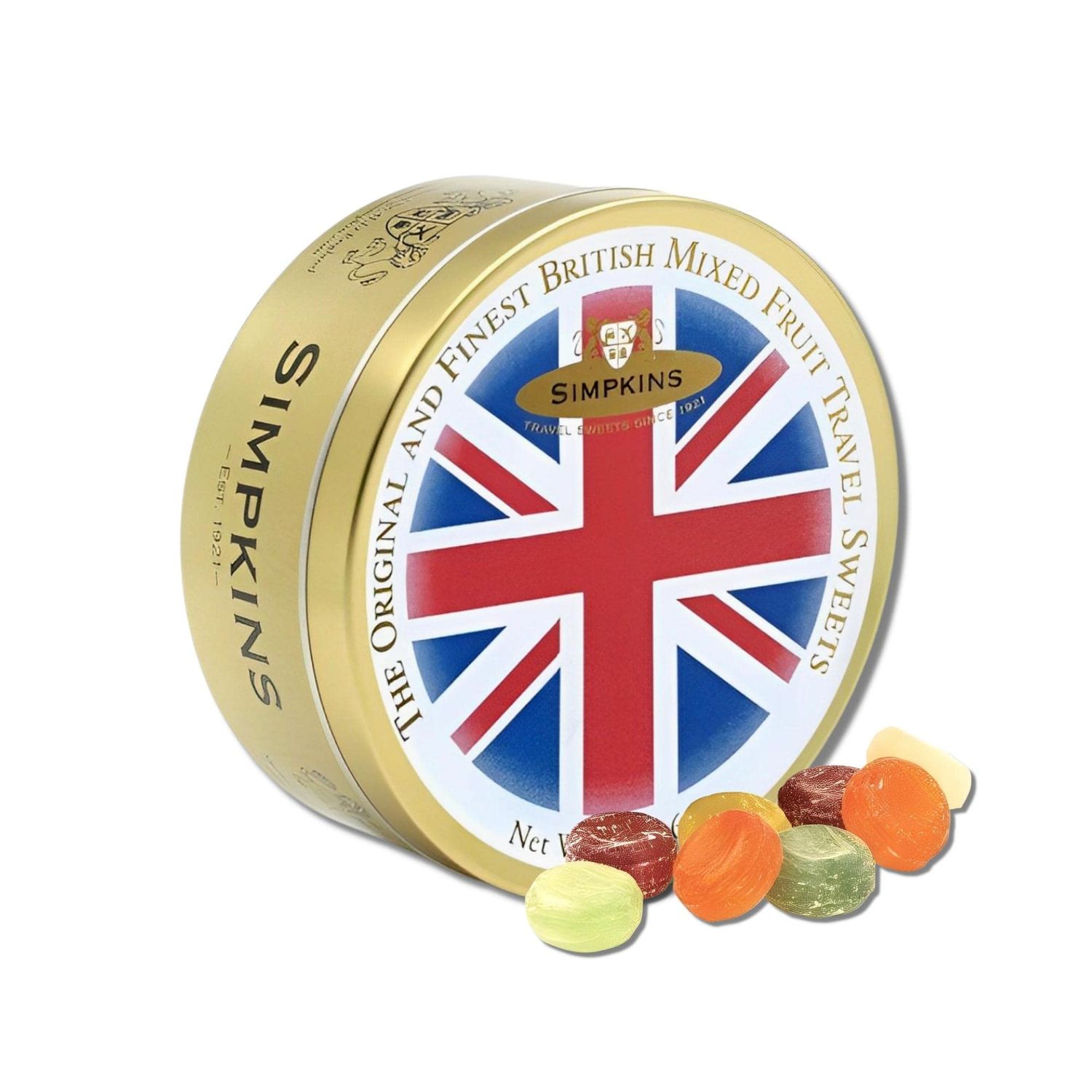 Simpkins Mixed Fruit Drops - Old-Fashioned and Original Travel Sweets in Union Jack Flag Tin - All Natural Fruit Hard Candy Drops - Assortment of Citrus and Forest Fruit Hard Candy in a Tin (6.1 oz)