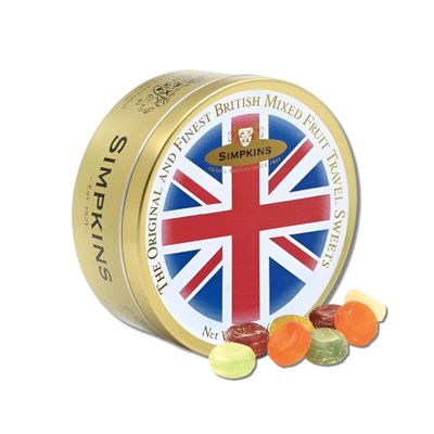 Simpkins Mixed Fruit Drops - Old-Fashioned and Original Travel Sweets in Union Jack Flag Tin - All Natural Fruit Hard Candy Drops - Assortment of Citrus and Forest Fruit Hard Candy in a Tin (6.1 oz)