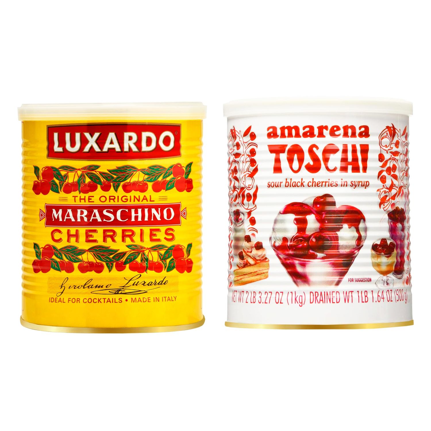 Luxardo Maraschino Cherries and Toschi Amarena Cherries Combo Set | Premium Cocktails and Desserts | 2.2 lbs Cans, (Pack of 2)