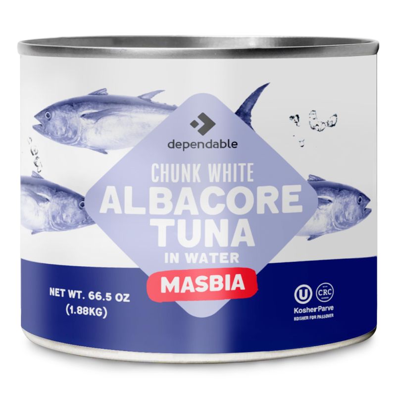 Dependable Food White Albacore Tuna in Water - Bulk 66.5 oz. Can, Wild Caught, Dolphin Safe, Low Mercury | Kosher Certified