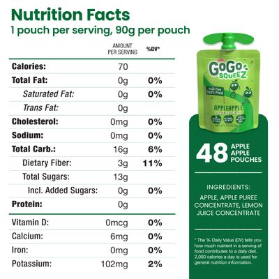 GoGo squeeZ Applesauce and Fruit Puree, Apple Apple, 3.2 oz (Pack of 48), Unsweetened Fruit Snacks for Kids, Gluten Free, Nut Free and Dairy Free, Recloseable Cap, BPA Free Pouches